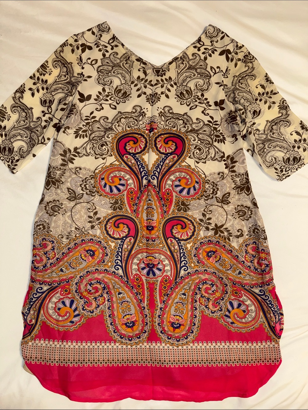 Women's Long Sleeve Paisley Tunic Dress in Pink and Cream